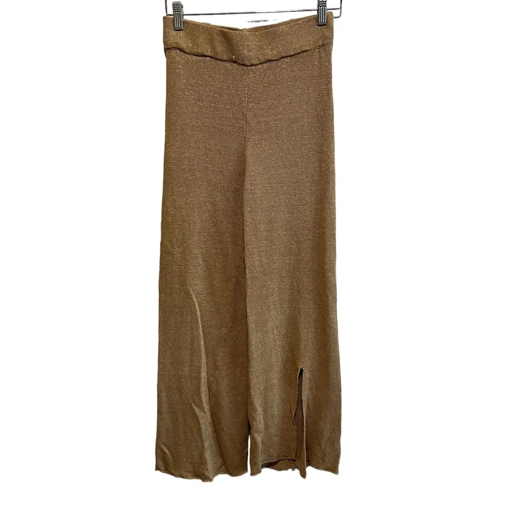 Zara Women's Open Knit Linen High Waisted Flared Ribbed Beige Pants Size Medium - Picture 5 of 9